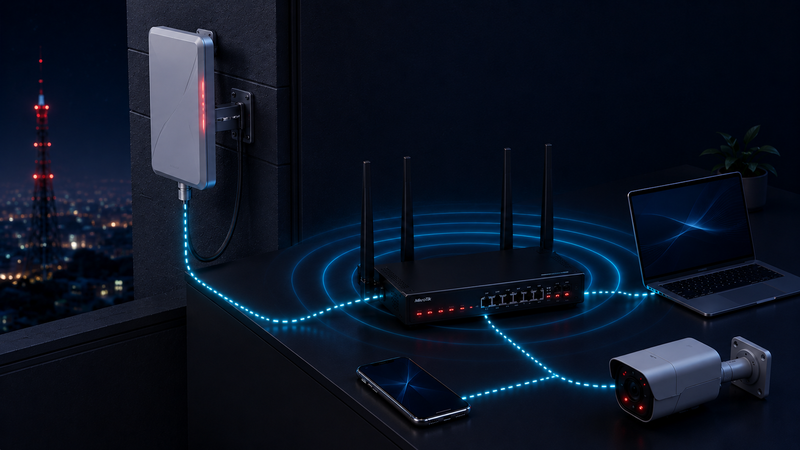 Antena CPE externa de alto ganho conectada a roteador gerenciável emitindo WiFi para notebook, celular e câmera IP